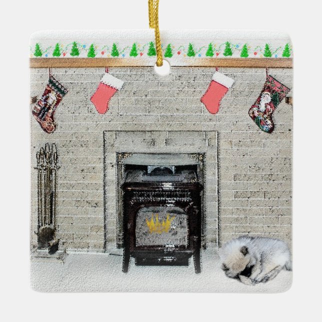 Keeshond Christmas Puppy Dog von Fireplace Paintin Keramikornament (Vorderseite)