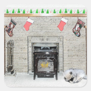 Keeshond Christmas Puppy Dog von Fireplace Paintin Quadratischer Aufkleber