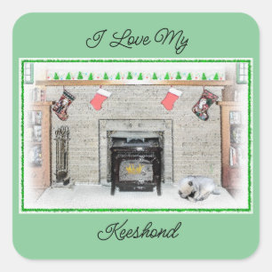 Keeshond Christmas Puppy Dog von Fireplace Paintin Quadratischer Aufkleber