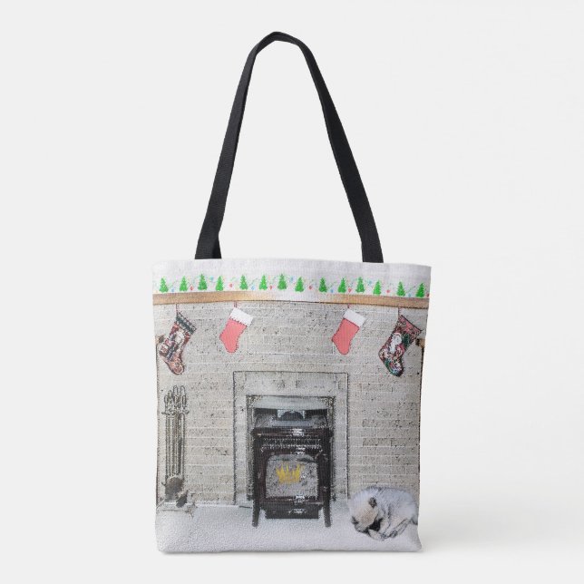 Keeshond Christmas Puppy Dog von Fireplace Paintin Tasche (Rückseite)