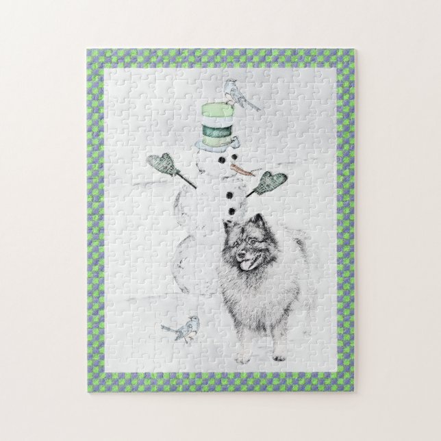 Keeshond Christmas Snowman Painting Dog Art (Vertikal)