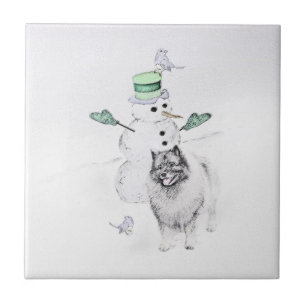 Keeshond Christmas Snowman Painting Dog Art Fliese