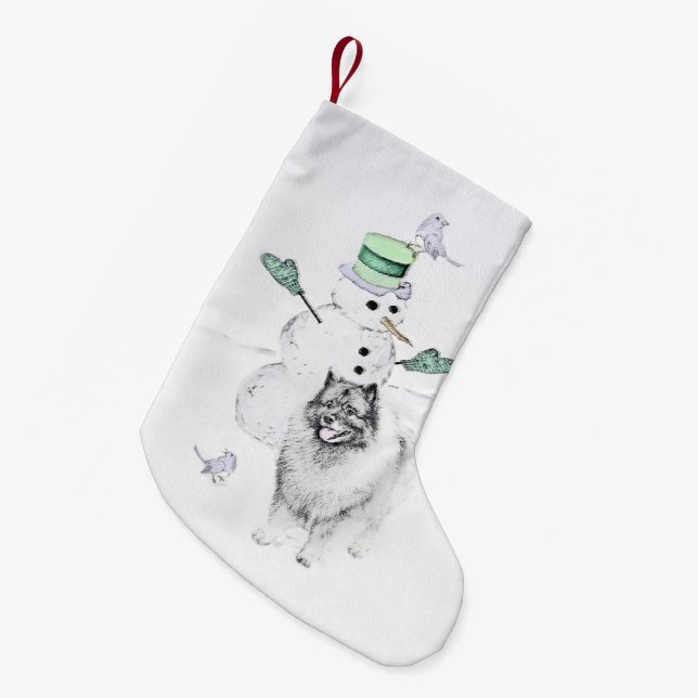 Keeshond Christmas Snowman Painting Dog Art Kleiner Weihnachtsstrumpf (Vorderansicht (hängend))