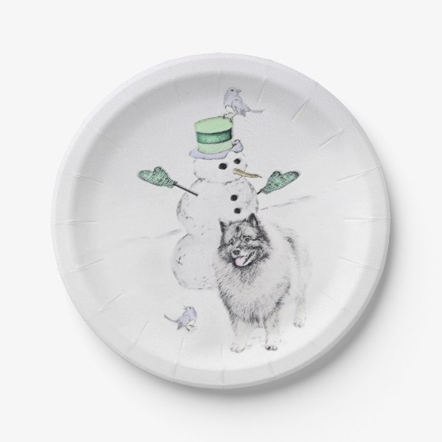 Keeshond Christmas Snowman Painting Dog Art Pappteller (Vorderseite)
