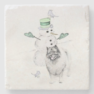 Keeshond Christmas Snowman Painting Dog Art Steinuntersetzer