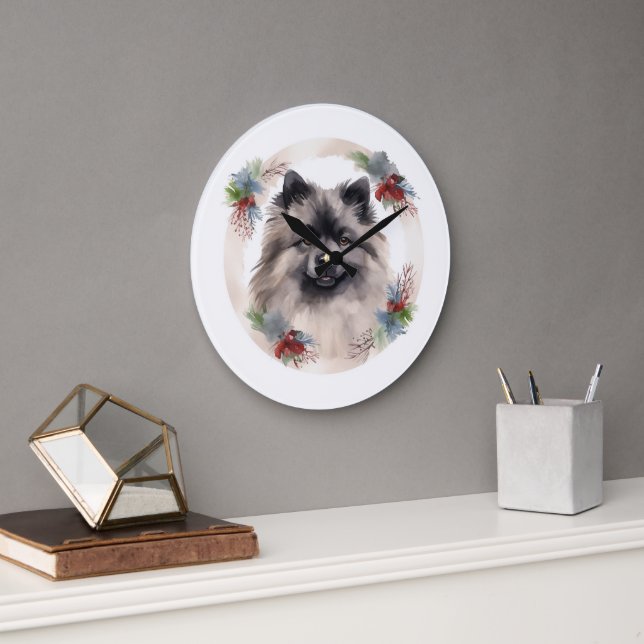 Keeshond Christmas Wreath Festivals Große Wanduhr (Büro)