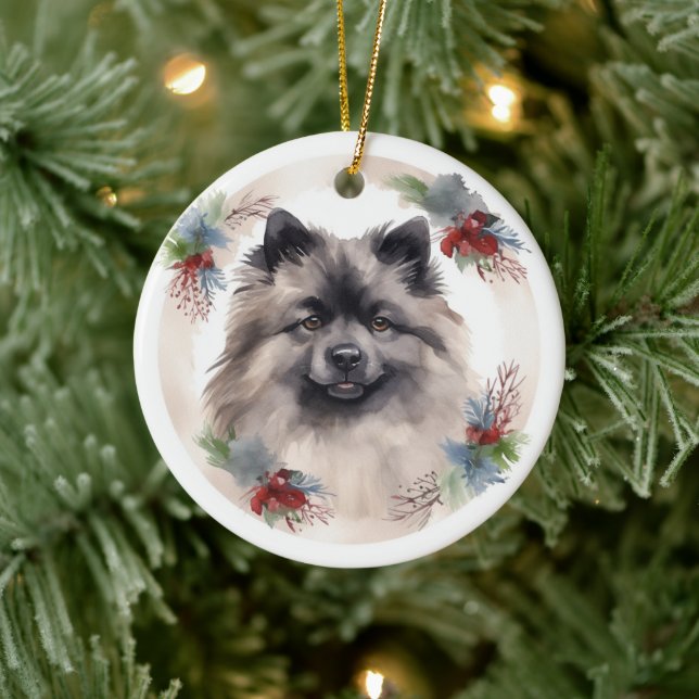 Keeshond Christmas Wreath Festivals Keramik Ornament (Baum)