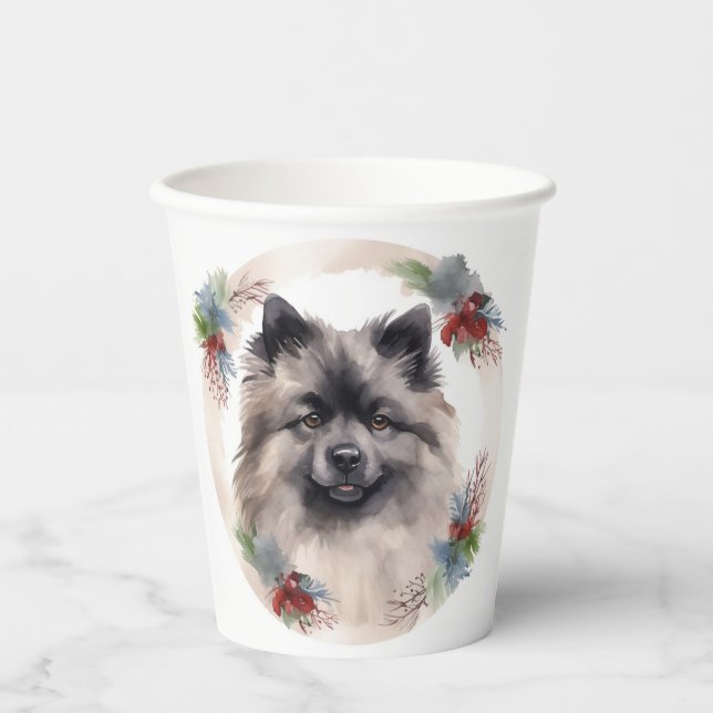 Keeshond Christmas Wreath Festivals Pappbecher (Vorderseite)