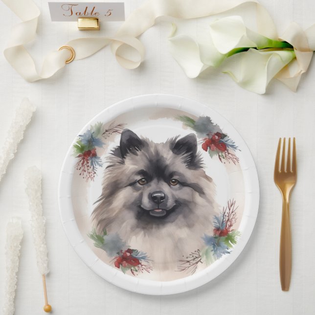 Keeshond Christmas Wreath Festivals Pappteller (Hochzeit)