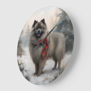 Keeshond Dog in Schneehocht Große Wanduhr