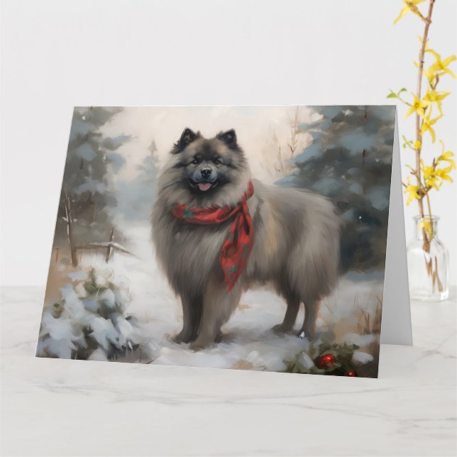 Keeshond Dog in Schneehocht Karte (Gelbe Blume)