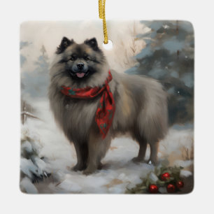 Keeshond Dog in Schneehocht Keramikornament