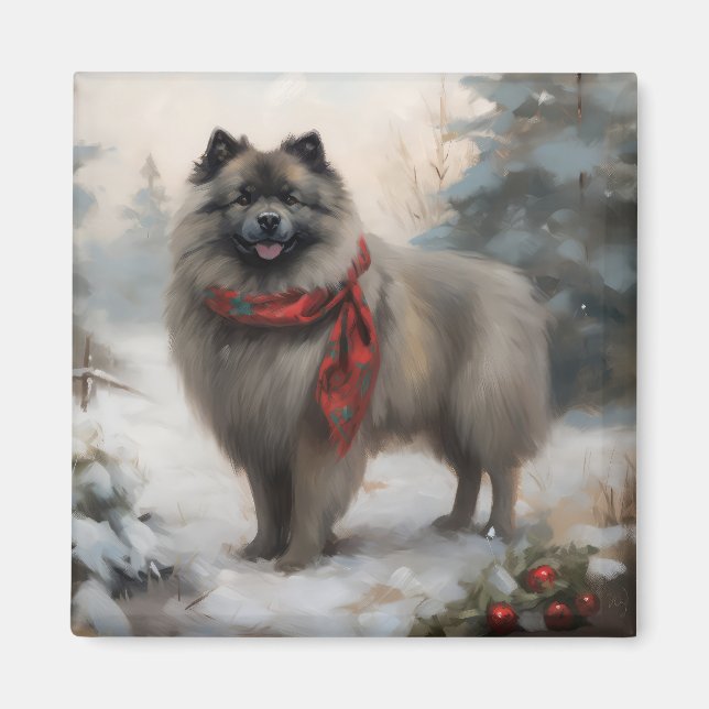 Keeshond Dog in Schneehocht Magnet (Vorne)