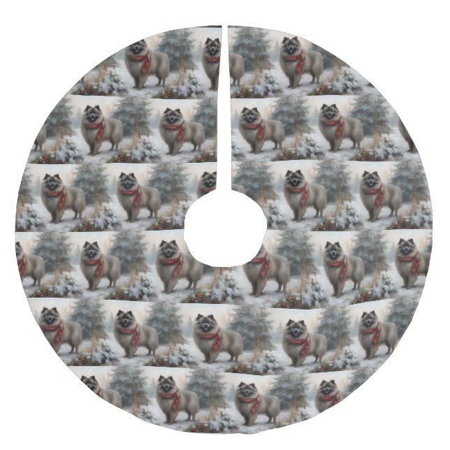 Keeshond Dog in Schneehocht Polyester Weihnachtsbaumdecke (Vorderseite)