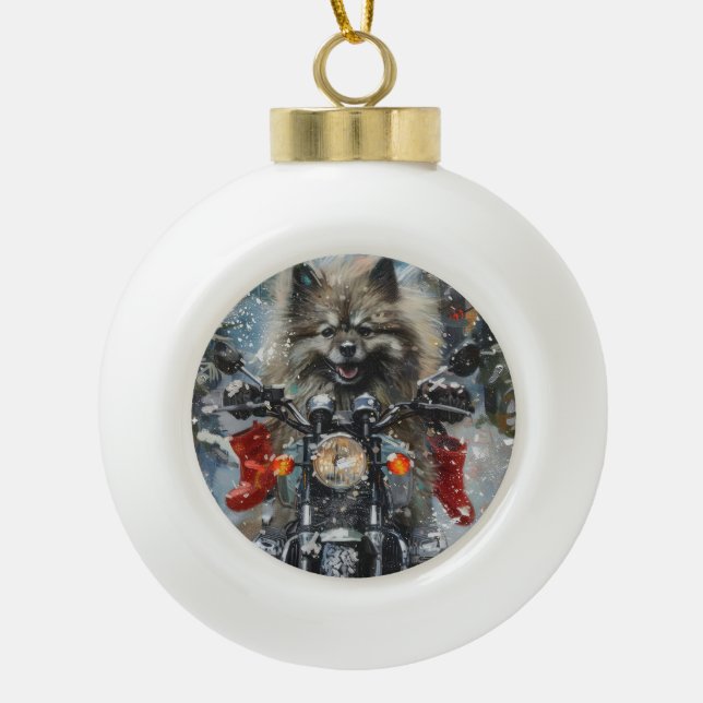 Keeshond Dog Riding Motorrad Weihnachten Keramik Kugel-Ornament (Vorderseite)