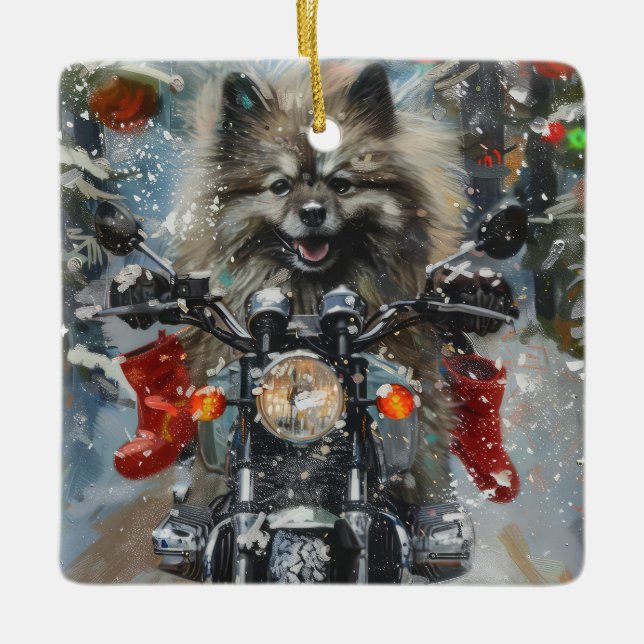Keeshond Dog Riding Motorrad Weihnachten Keramikornament (Vorderseite)