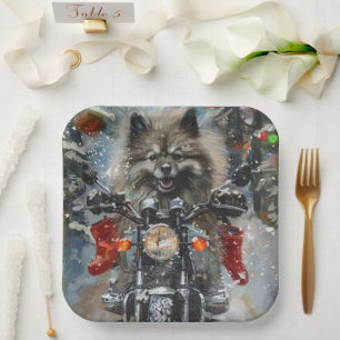 Keeshond Dog Riding Motorrad Weihnachten Pappteller