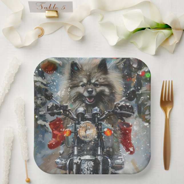Keeshond Dog Riding Motorrad Weihnachten Pappteller (Hochzeit)