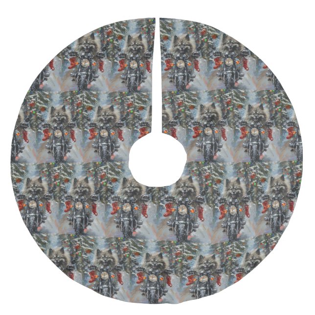 Keeshond Dog Riding Motorrad Weihnachten Polyester Weihnachtsbaumdecke (Vorderseite)