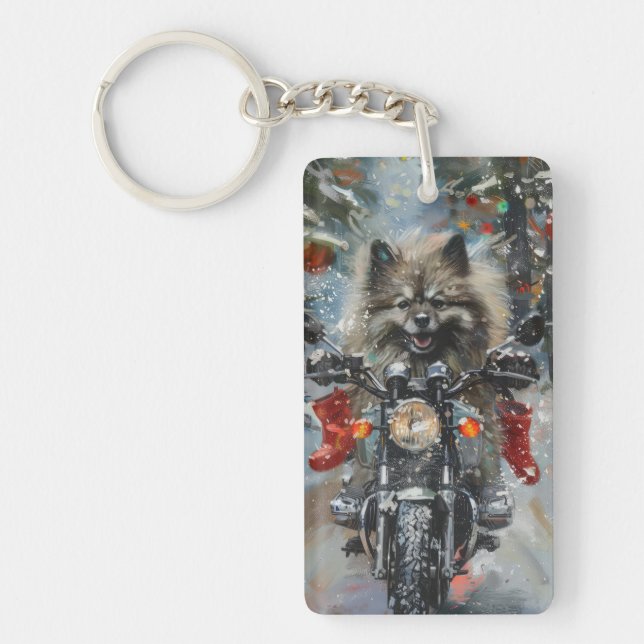 Keeshond Dog Riding Motorrad Weihnachten Schlüsselanhänger (Vorderseite)