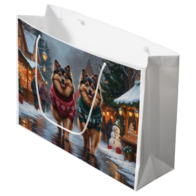 Keeshond Dogs Christmas Snow Holiday Große Geschenktüte (Vorderseite Schrägansicht)