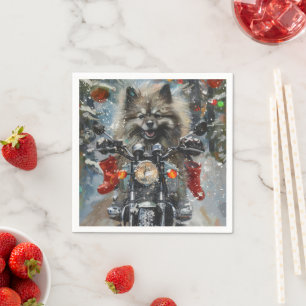 Keeshond Hund fährt Motorrad Weihnachten Serviette