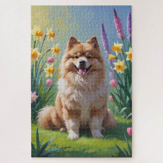Keeshond Hund Frühlingsblumen Malerei (Vertikal)