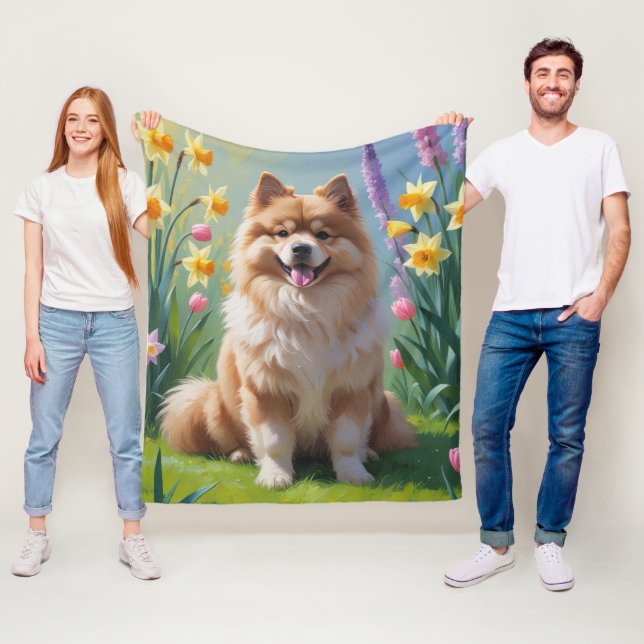 Keeshond Hund Frühlingsblumen Malerei Fleecedecke (Beispiel)