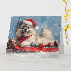 Keeshond Hund im Schlitten Lass es schneien Weihna Karte