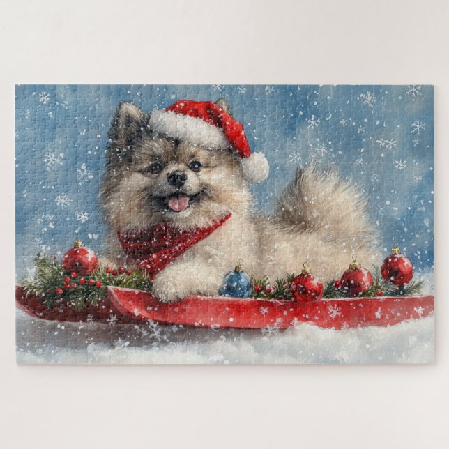 Keeshond Hund in Sledge Lass es Schnee Weihnachten (Horizontal)