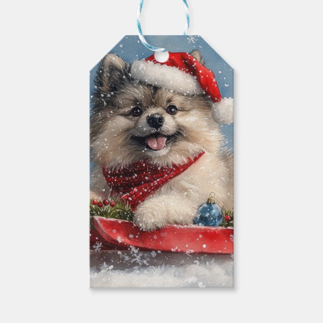 Keeshond Hund in Sledge Lass es Schnee Weihnachten Geschenkanhänger (Vorderseite)