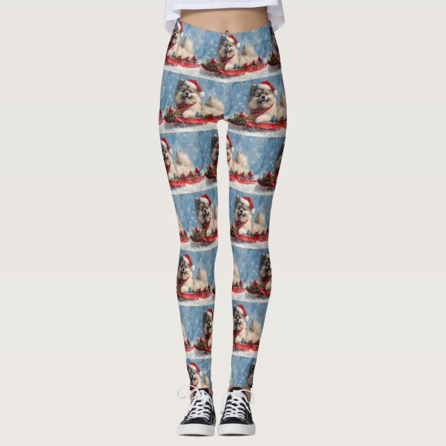 Keeshond Hund in Sledge Lass es Schnee Weihnachten Leggings (Vorderseite)
