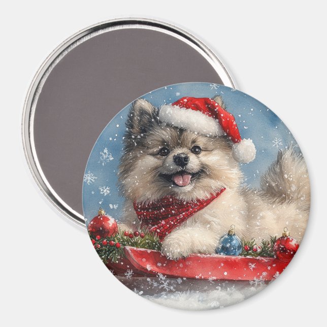 Keeshond Hund in Sledge Lass es Schnee Weihnachten Magnet (Vorderseite/Rückseite)