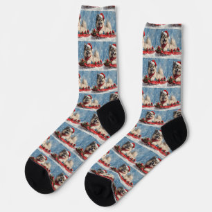 Keeshond Hund in Sledge Lass es Schnee Weihnachten Socken