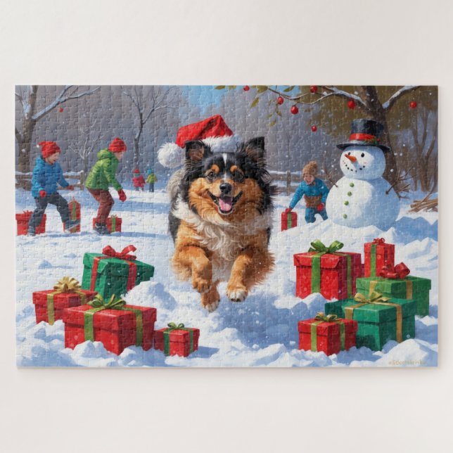 Keeshond Hund läuft im Schnee mit Weihnachtshut (Horizontal)