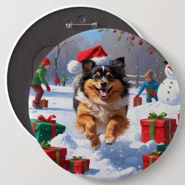 Keeshond Hund läuft im Schnee mit Weihnachtshut Button (Vorne & Hinten)