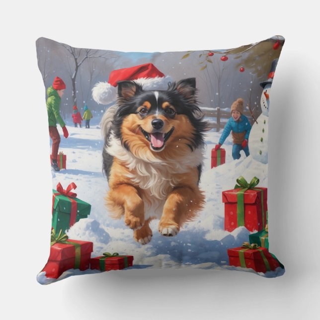 Keeshond Hund läuft im Schnee mit Weihnachtshut Kissen (Rückseite)