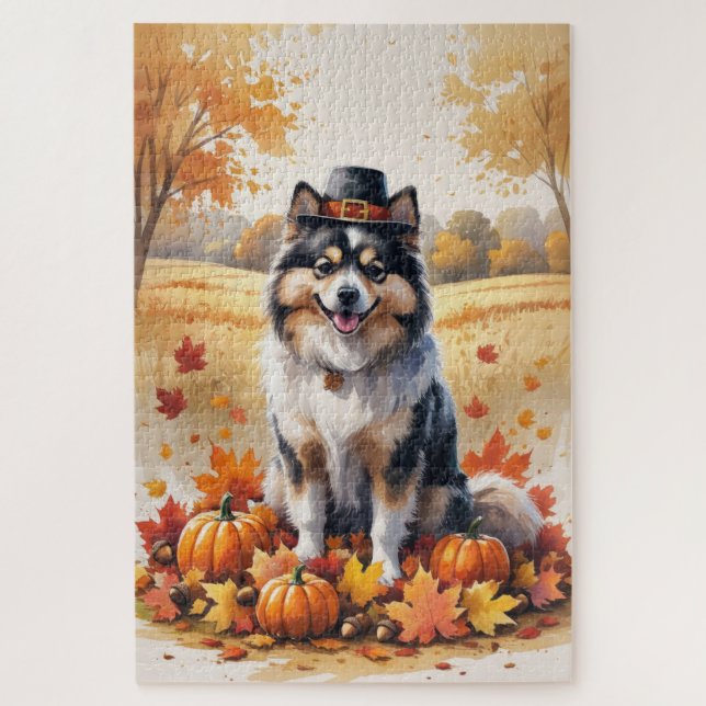 Keeshond im Herbst hinterlässt Erntedank Kunst (Vertikal)
