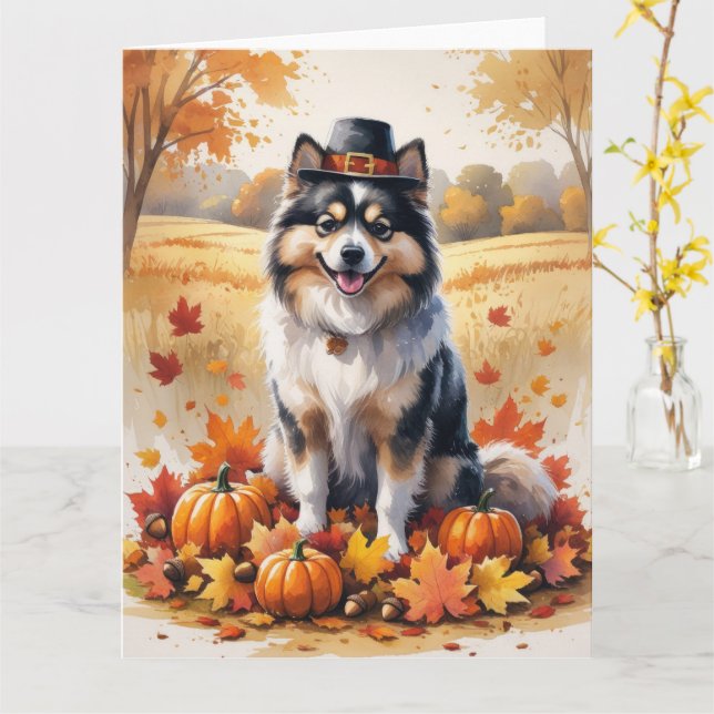 Keeshond im Herbst hinterlässt Erntedank Kunst Karte (Gelbe Blume)