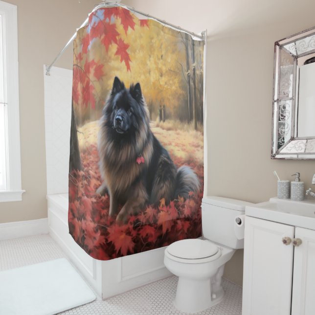 Keeshond im Herbst Leaves Fall Inspiriert Duschvorhang (Beispiel)