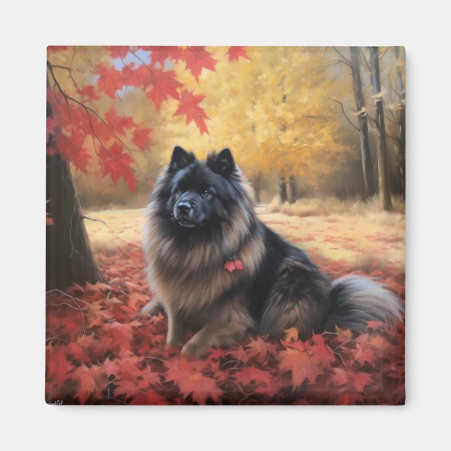 Keeshond im Herbst Leaves Fall Inspiriert Magnet (Vorne)