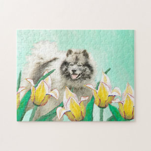 Keeshond in Tulips Malerei Niedliche Original Hund