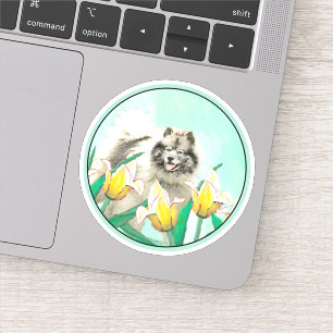 Keeshond in Tulips Malerei Niedliche Original Hund Aufkleber