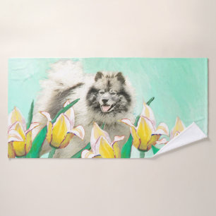 Keeshond in Tulips Malerei Niedliche Original Hund Badhandtuch Set