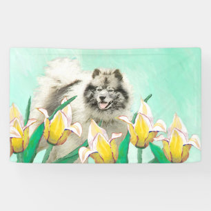 Keeshond in Tulips Malerei Niedliche Original Hund Banner