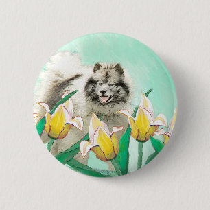 Keeshond in Tulips Malerei Niedliche Original Hund Button