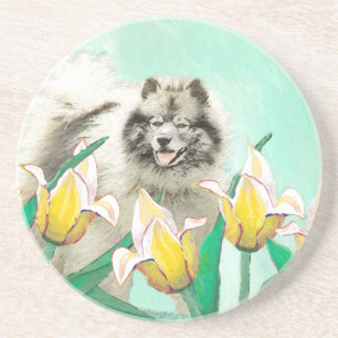 Keeshond in Tulips Malerei Niedliche Original Hund Getränkeuntersetzer