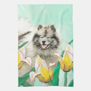 Keeshond in Tulips Malerei Niedliche Original Hund Handtuch