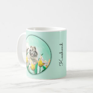 Keeshond in Tulips Malerei Niedliche Original Hund Kaffeetasse