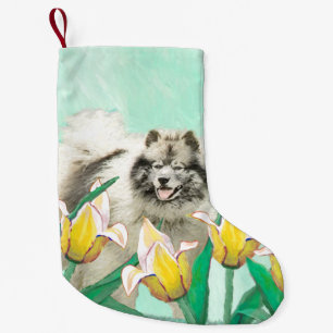 Keeshond in Tulips Malerei Niedliche Original Hund Kleiner Weihnachtsstrumpf